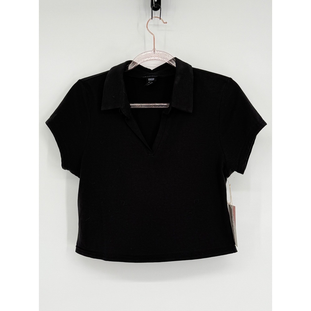 BLENCA Womens Black Short Sleeve Collared Crop Polo Shirt NWT Sz‎ XL